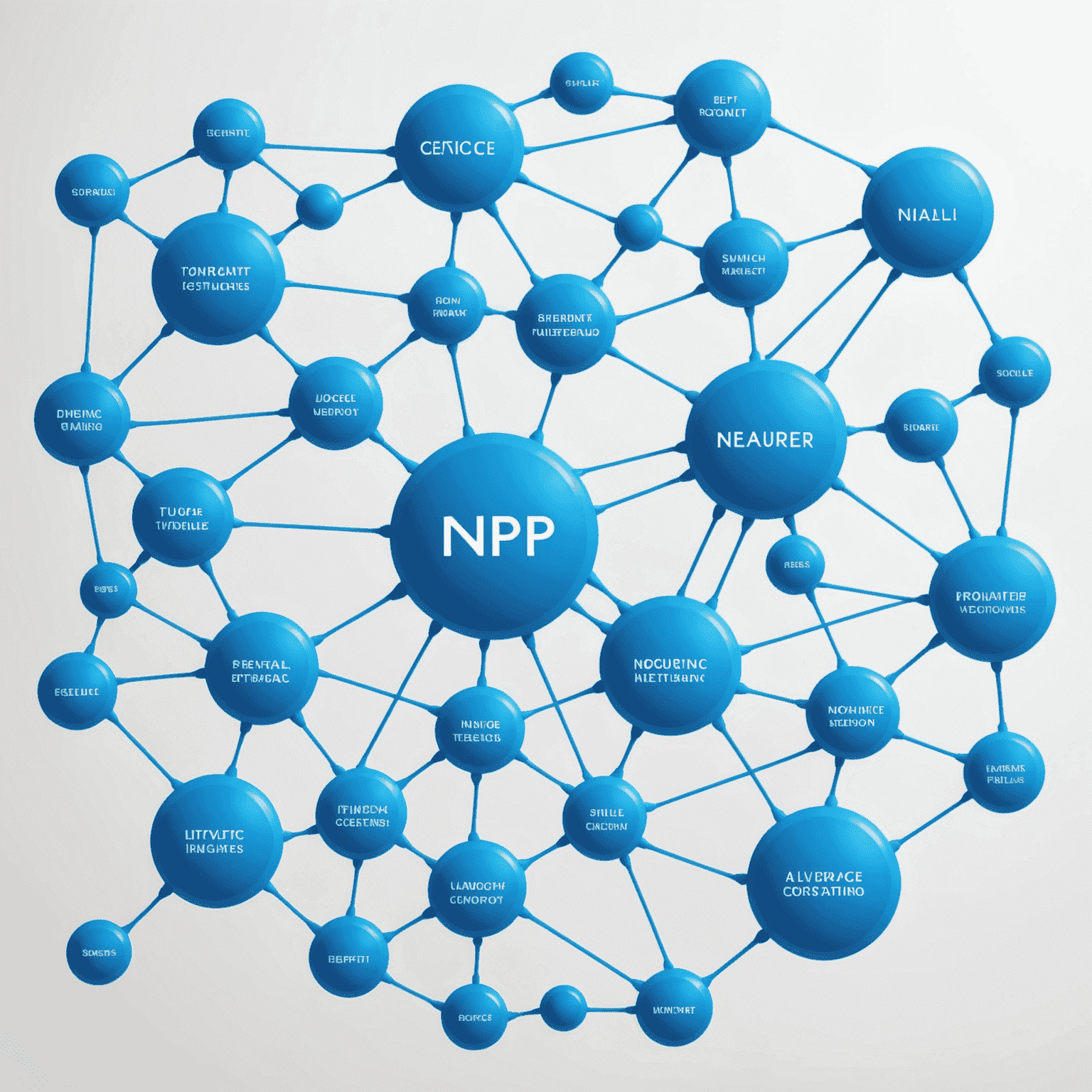 Rappresentazione visiva di un sistema NLP che analizza il testo di una conversazione cliente-azienda, con nodi e connessioni che formano una rete neurale stilizzata in tonalità di blu elettrico su sfondo bianco