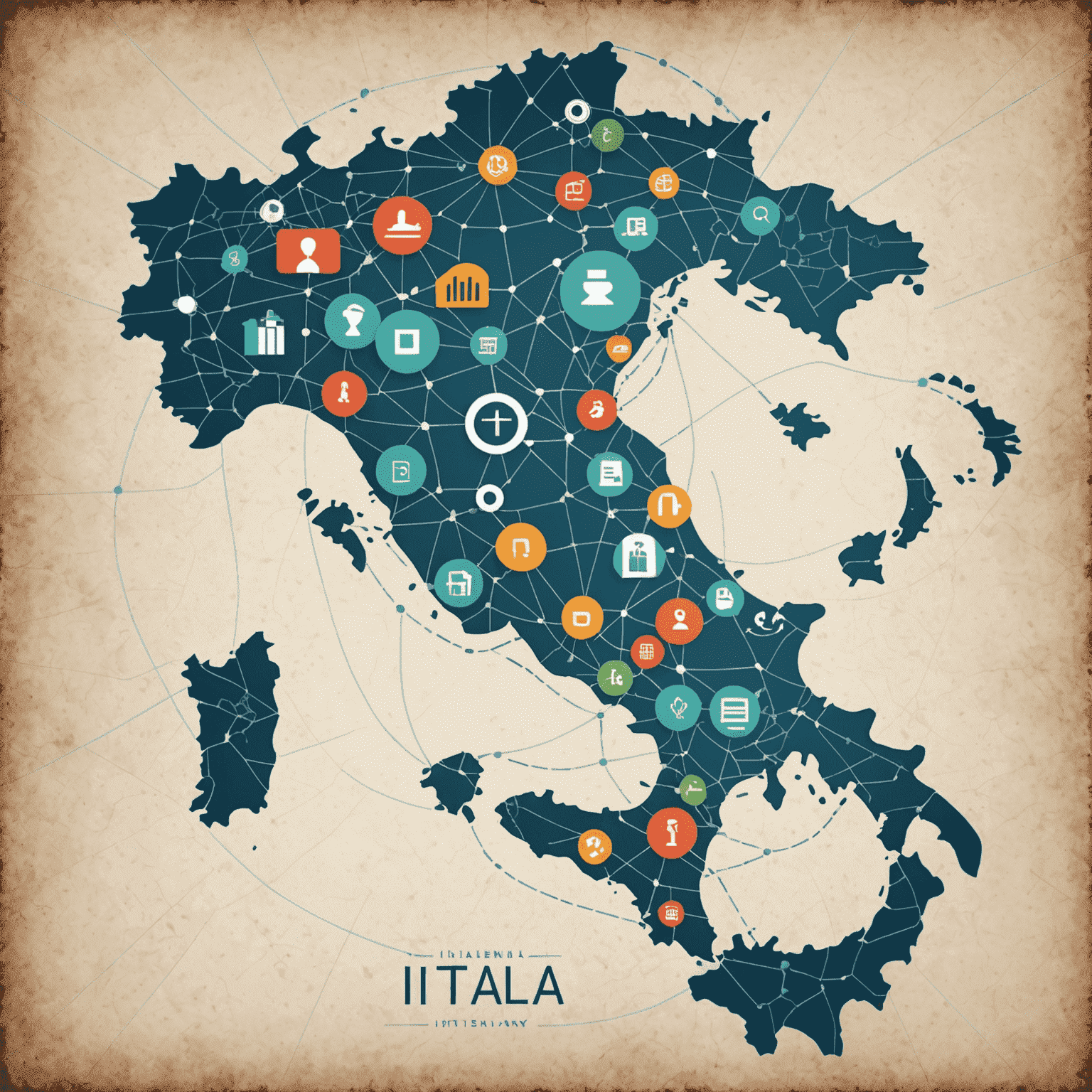 Immagine astratta che rappresenta l'intelligenza artificiale nel panorama aziendale italiano, con icone di industrie e reti neurali sovrapposte a una mappa stilizzata dell'Italia