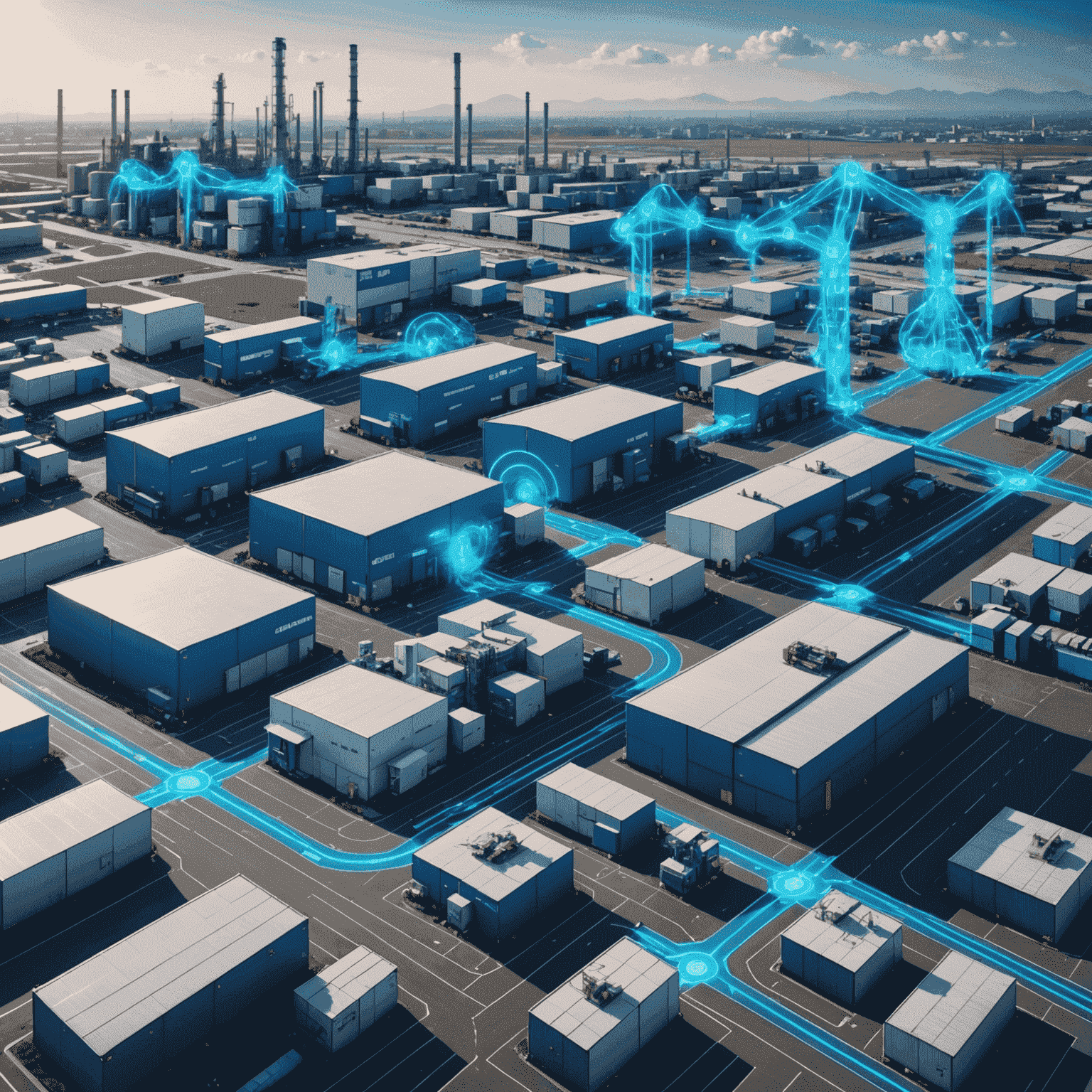 Visualizzazione grafica di una catena di approvvigionamento ottimizzata dall'IA. Linee luminose blu elettrico collegano vari nodi rappresentanti fasi della produzione e distribuzione, con icone di fabbriche, magazzini e negozi.