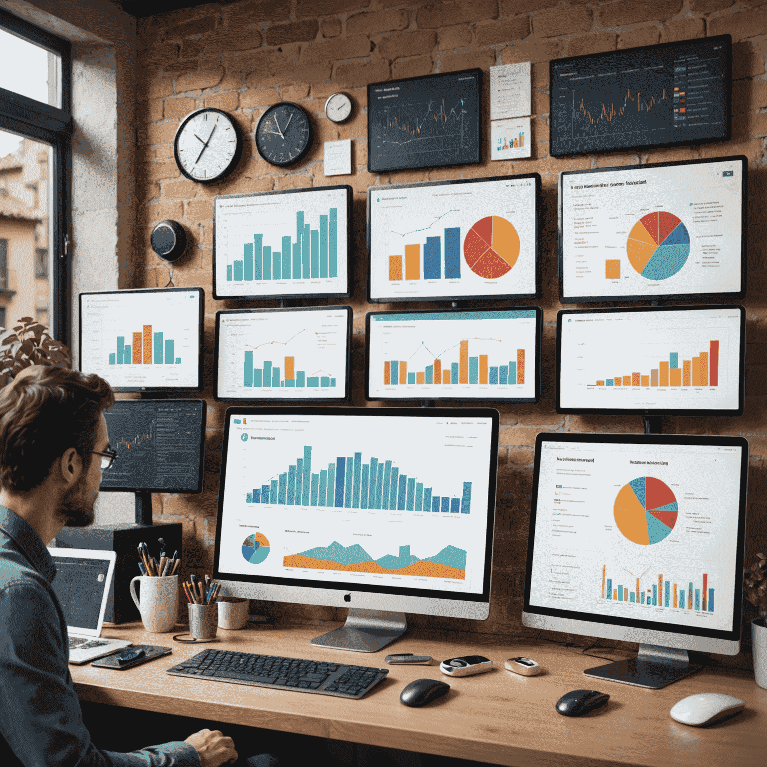 Illustrazione di piccole e medie imprese italiane che utilizzano strumenti di machine learning, con grafici e dashboard in primo piano